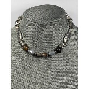 Necklace Beaded Stones Glass Plastic Metal Silver Tone Collar 13”+5.5”